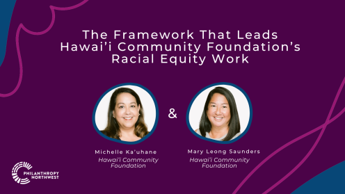 Plum graphic with ube purple and blueberry blue blob shapes in the corners. The title reads "The Framework That Leads Hawai’i Community Foundation’s Racial Equity Work". Headshots for Michelle Ka’uhane and Mary Leong Saunders are in the center.