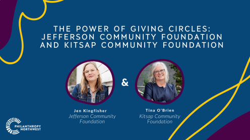 The Power of Giving Circles feature graphic with plum, blueberry and dandelion background colors and Jen Kingfisher with Jefferson Community Foundation and Tina O'Brien with Kitsap Community Foundation headshots