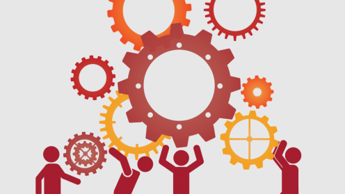 Illustration of red and orange interlocking gears of various sizes on a light background. Along the bottom, simplified red human figures raise their arms to hold and support the large central gear, symbolizing collaboration, shared effort, and collective problem-solving.