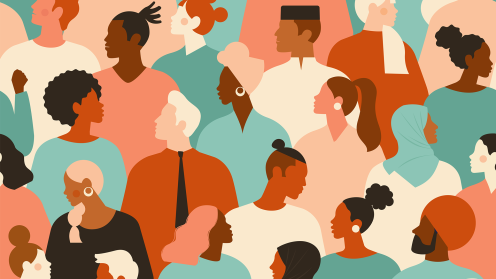 Stylized illustration of a crowded, diverse group in warm, muted colors. People show varied skin tones, ages, and appearances; a range of hairstyles (dreadlocks, afros, buns, ponytails, shaved) and visible cultural headwear (headscarf, kufi). Faces in profile and three-quarter views convey community and inclusion.