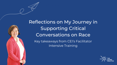 Blog graphic titled Reflections on My Journey in Supporting Critical Conversations on Race: Key takeaways from CEI’s Facilitator Intensive Training. On a deep blue background with a small paper airplane illustration at the top left. On the left side is a photo of author Katie wearing a coral cardigan over a light top. The Giving Practice logo appears in the bottom right.