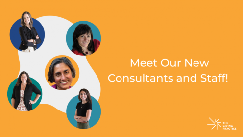 Graphic with an orange background and white text reading “Meet Our New Consultants and Staff!” Five circular headshots of staff and consultants are arranged in overlapping shapes on the left, and The Giving Practice logo appears in the lower corner.