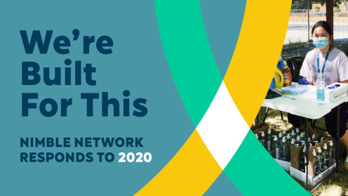 Graphic reading “We’re Built For This — Nimble Network Responds to 2020.” Left side shows large dark-blue type on a teal field with overlapping green and yellow arcs crossing the center. Right side photo: a masked volunteer sits at an outdoor table with boxes of hand sanitizer and supplies, conveying pandemic response and community care.