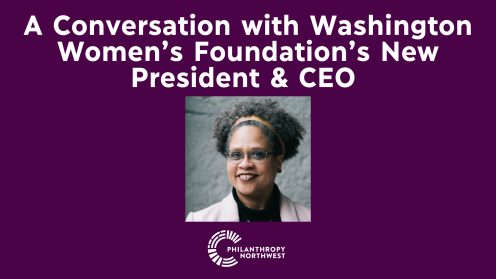 Graphic with Maria Kolby-Wolfe's headshot and text that says "A Conversation with WA Women's Foundation's New CEO"