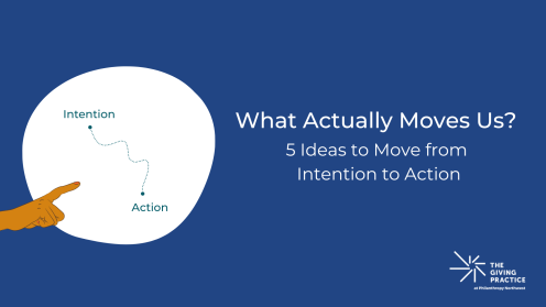 Graphic titled “What Actually Moves Us? — 5 Ideas to Move from Intention to Action.” On the left, a white organic shape contains a dotted, winding path from a labeled Intention dot down to a labeled Action dot; an illustrated hand points toward the path. The right side is deep blue with the title text and The Giving Practice logo in the lower right, conveying the journey from intention to action.