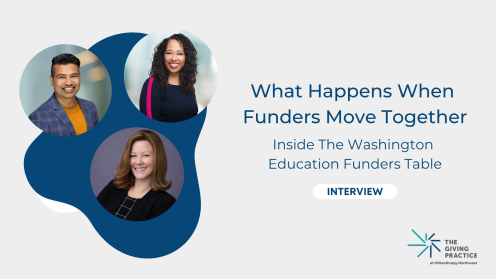 What Happens When Funders Move Together: Inside The Washington Education Funders Table.” Left: three circular headshots arranged on a dark-blue organic shape — Headshot of Bish Paul, Gates Foundation; Headshot of Angela Jones, Gates Foundation; Headshot of Traci McGlathery, STCU’s Here for Good. Right: large title text, a white “INTERVIEW” button, and The Giving Practice logo on a light gray background.