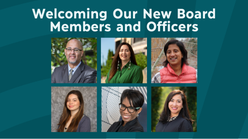 Graphic with a dark teal background and large white text reading, “Welcoming Our New Board Members and Officers.” Six headshots are arranged in a two-row grid below the text.