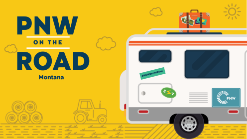 Illustration of a camper van on a yellow background with farm fields and clouds