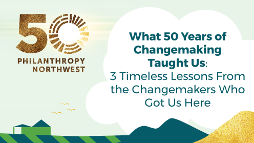 Graphic for Philanthropy Northwest’s 50th anniversary blog, with text reading, “What 50 Years of Changemaking Taught Us: 3 Timeless Lessons From the Changemakers Who Got Us Here.” A gold “50 Philanthropy Northwest” logo appears on the left over an illustrated landscape with clouds, hills and birds.
