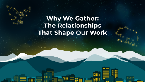Graphic with a starry night sky over an illustrated Anchorage skyline and mountain range. White text reads, “Why We Gather: The Relationships That Shape Our Work,” with yellow constellation-style bird and bear icons in the sky.