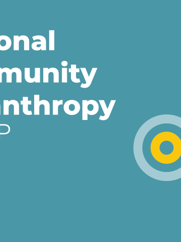 A river blue graphic that reads "Regional Community Philanthropy Group" on the left side and an icon of three yellow circles connecting with eachtother on the right side. 