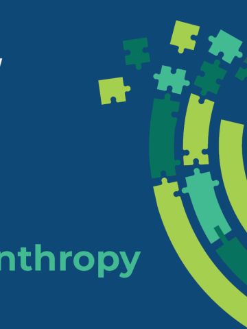 Philanthropy 101 Graphic with a blueberry background and on the right is a circular design with puzzle piece shapes