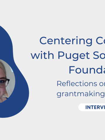 Featured Image with Title: Centering Community with Puget Sound Energy Foundation. Reflections on adaptive grantmaking practices. Interview. Headshots of interviewees, Nina Odell and Rachel Benner to the left. The Giving Practice's logo in the bottom right corner. 