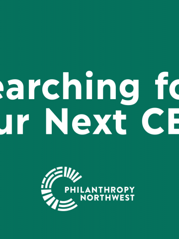 Pine green blog graphic that reads "Searching for Our Next CEO"