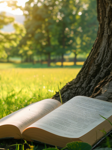 Photo of a book opened and laid upon the trunk of a tree. In the background is green grass and trees.