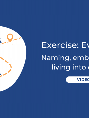 Feature image with blue background, white TGP logo in the right bottom corner, and a graphic with a person going journeying from A to B. Title reads:Exercise: Evolutions; Naming, embracing and living into change. 