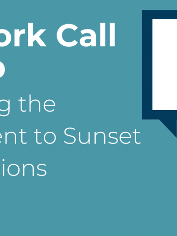 River blue event banner that says "Network Call Recap. Exploring the Movement to Sunset Foundations" and has two speech bubbles on the side