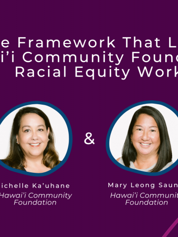Plum graphic with ube purple and blueberry blue blob shapes in the corners. The title reads "The Framework That Leads Hawai’i Community Foundation’s Racial Equity Work". Headshots for Michelle Ka’uhane and Mary Leong Saunders are in the center.