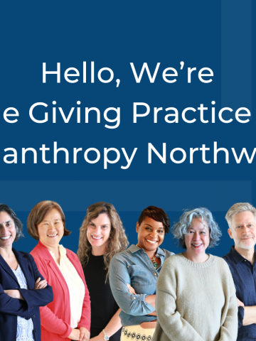 Feature blueberry graphic that says in white "Hello, We're The Giving Practice at Philanthropy Northwest!" in the middle and at the bottom of the graphic are all 12 headshots of TGP senior advisors