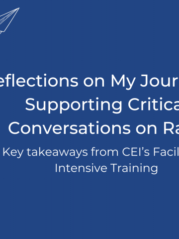 Featured Image: On a blue background there is an image of Katie to the left, with an illustration of a paper plane above her. To the right is the title of the piece, "Reflections on My Journey in Supporting Critical Conversations on Race." and the TGP log