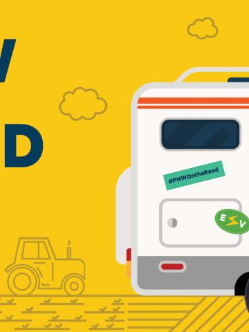 Yellow graphic that reads "PNW on the Road, Montana" and has graphics of a farm in the background and an RV with Pacific Northwest themed stickers.