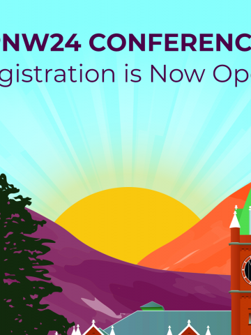 PNW24 conference art with the University of Montana clocktower in the foreground and colorful roaming hills in Missoula, Montana in the background. The text reads "PNW24 Conference Registration is Now Open!"
