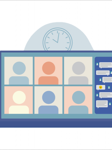 Graphic of a laptop screen showing a virtual meeting with six avatars of people in boxes and a chat box on the side