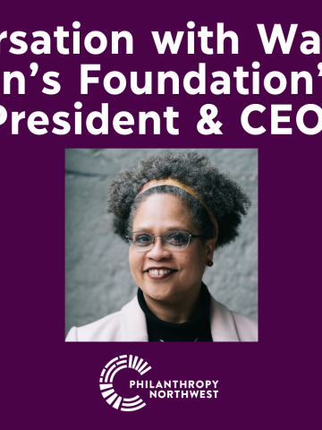Graphic with Maria Kolby-Wolfe's headshot and text that says "A Conversation with WA Women's Foundation's New CEO"