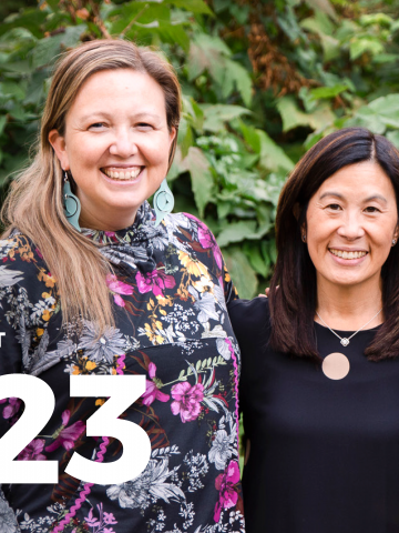 2023 Annual Report cover page with a photo of Aleesha Towns-Bain, Jill Nishi and Nichole June Maher infront of a lush green backdrop of a tree.