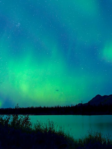 Image of Aurora Borealis green lights against blue sky over a lake in Denali National Park, Alaska