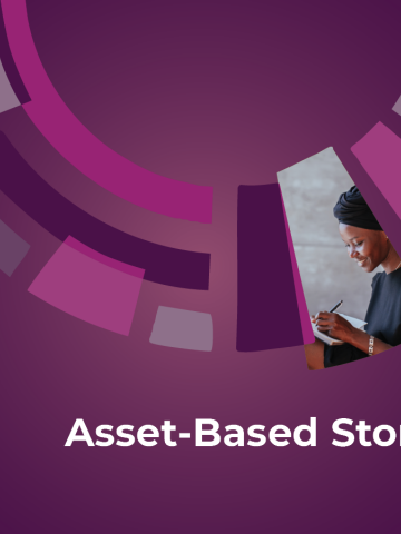 Plum purple graphic with the words "Asset-Based Storytelling Cohort" and a photo of a black, female in a black turban and black dress writing in a notebook.