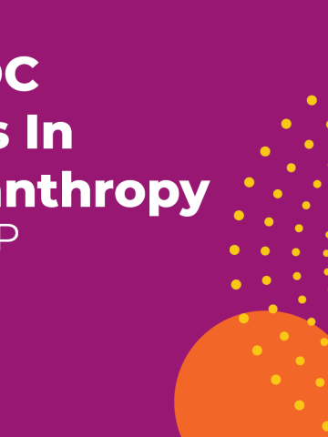 Ube purple event graphic with two distinct carrot and dandelion colored circles on the left side, the words "BIPOC Folks in Philanthropy Group" at the top right and the Philanthropy Northwest secondary logo at the bottom left.