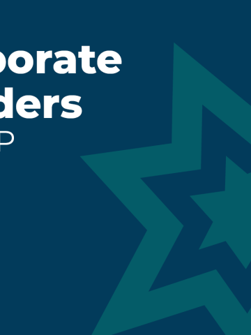 An blueberry banner that says "Corporate Funders Group" in white on the top left, the Philanthropy Northwest logo on the bottom left and has a ocean colored star graphic on the right
