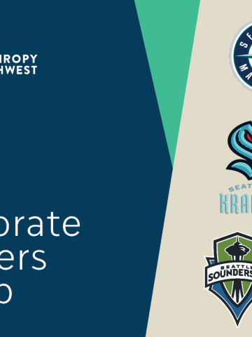 Denim blue event banner that says "Corporate Funders Group" and has the Seattle Mariners, Seattle Kraken and Seattle Sounders logos on the right side.