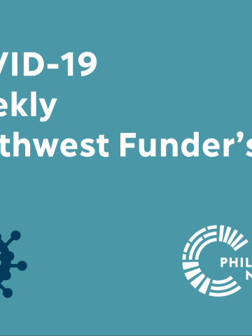 Event Banner for COVID-19 Weekly Northwest Funder's Call with virus icon and Philanthropy Northwest logo