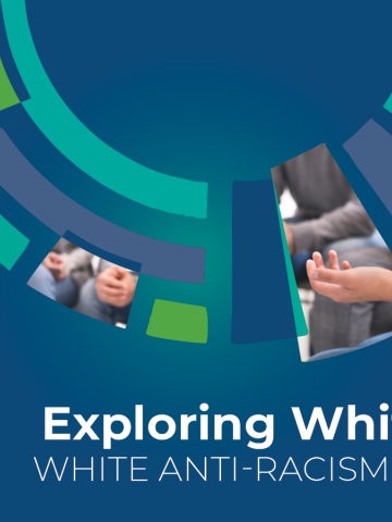 Blueberry blue graphic with the words "Exploring Whiteness: White Anti-Racism Cohort" and a close up on gesticulating hands.