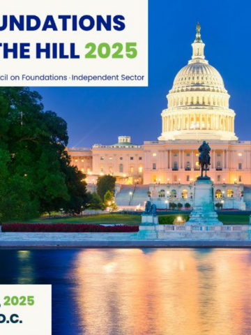 U.S. Capitol at night, reflecting on the water in the foreground. The event title, "Foundations on the Hill 2025," is displayed at the top in bold blue and green text. Below, the dates "February 23-26, 2025" and location "Washington, D.C." are listed. 