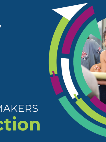 Blueberry event banner that says "Grantmakers in Action" and has a colorful circular design forming into an arrow with connecting rectangular shapes on the side with a photo of a woman and man sitting in a circle, smiling.