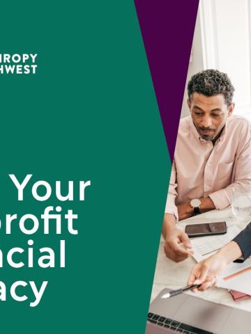Pine green graphic that says "Grow Your Nonprofit Financial Literacy" and has a photo of an accountant explaining finances to a man.