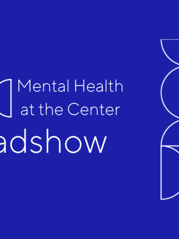 A white Mental Health and the Center Roadshow logo with the Mindful Philanthropy logo and various circle and half circle shapes to the right over a blue background