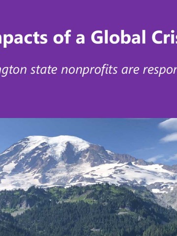 Image of report cover "Local Impacts of a Global Crisis" and picture of Mt. Rainier below