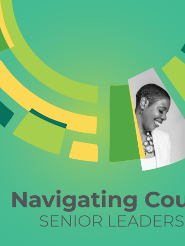 Emerald green graphic with the words "Navigating Courage™: Senior Leaders Cohort" and a photo of Robin Martin