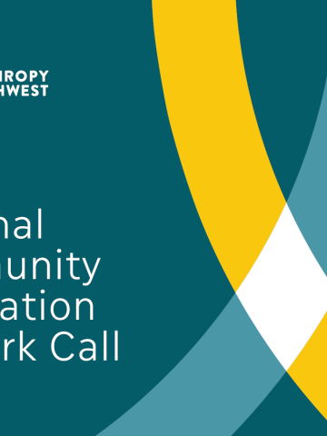 Event banner that says "Regional Community Foundation Network Call." Graphic ocean-blue background with title in white; across the bottom section two arches in yellow and river-blue intersect to form a white diamond.