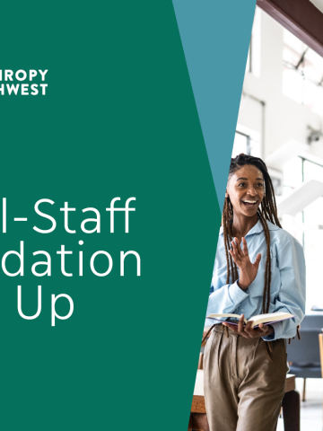 Pine green graphic that says "Small-Staff Foundation Meet Up" and has a photo of two BIPOC folks greeting someone