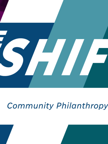 Graphic with plum purple, berry blue, river blue, ocean blue and dandelion yellow slanted rectangles shifted to one side. The words read "The Shift - Community Philanthropy and Repair" with Philanthropy Northwest's logo in the corner.