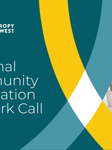 Event banner that says "Regional Community Foundation Network Call." Graphic ocean-blue background with title in white; across the bottom section two arches in yellow and river-blue intersect to form a white diamond. Photo: two women talking