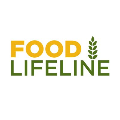Food Lifeline logo featuring the words “FOOD” in yellow and “LIFELINE” in green, with a stylized green wheat stalk positioned vertically between the two words. The design appears on a white background.