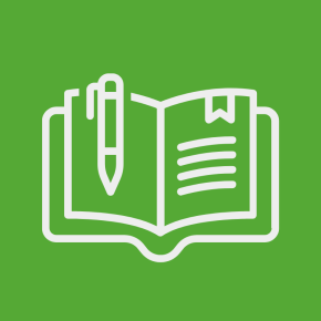 Icon of an open book over a grass green background