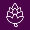 White line icon of a stylized flower or leaf centered on a deep plum background.