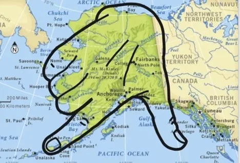 Map of Alaska and nearby regions with a large hand-drawn hand outlining the state of Alaska.